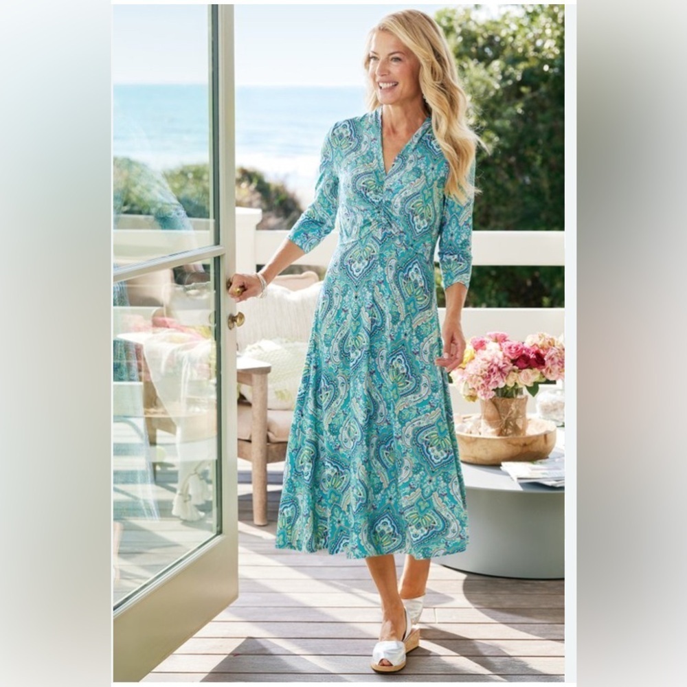 Soft Surroundings Aziza Midi Dress Paisley Sz. Medium Cottage Boho Beach Prairie